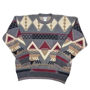 Vintage 90's Pullover Sweater Tribal Checker Knit Grandpa Dad Red Gray Large